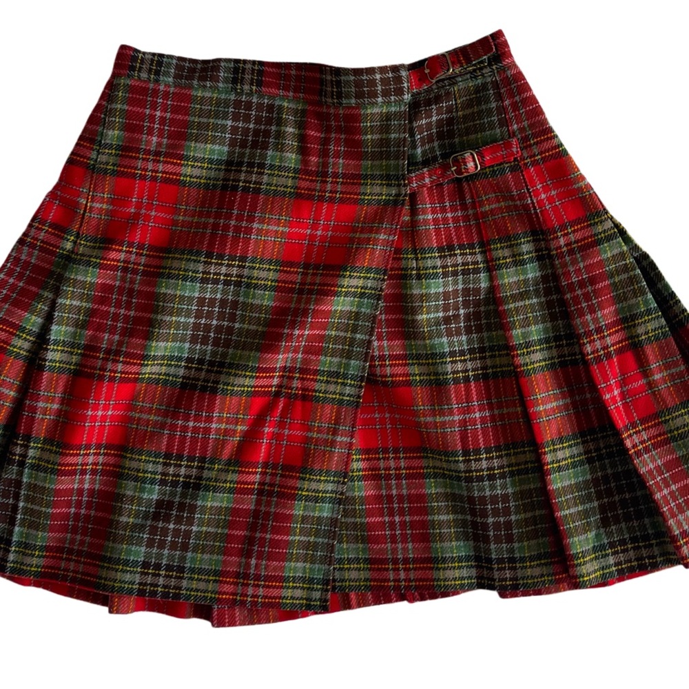 J.Crew Red Tartan Plaid Pleated Wool Mini Skirt Buckle Detail Size 2